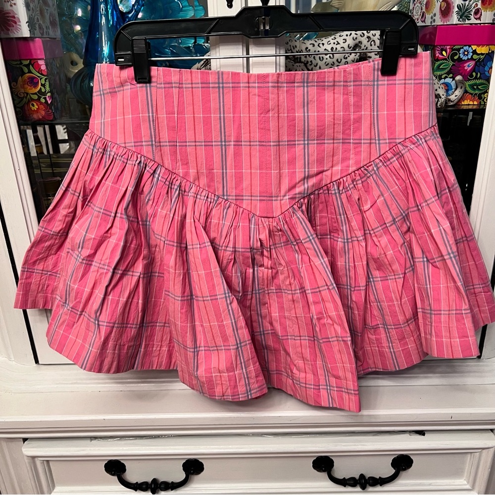 Anthropologie Maeve Pink Plaid Basque Circle Skort L
